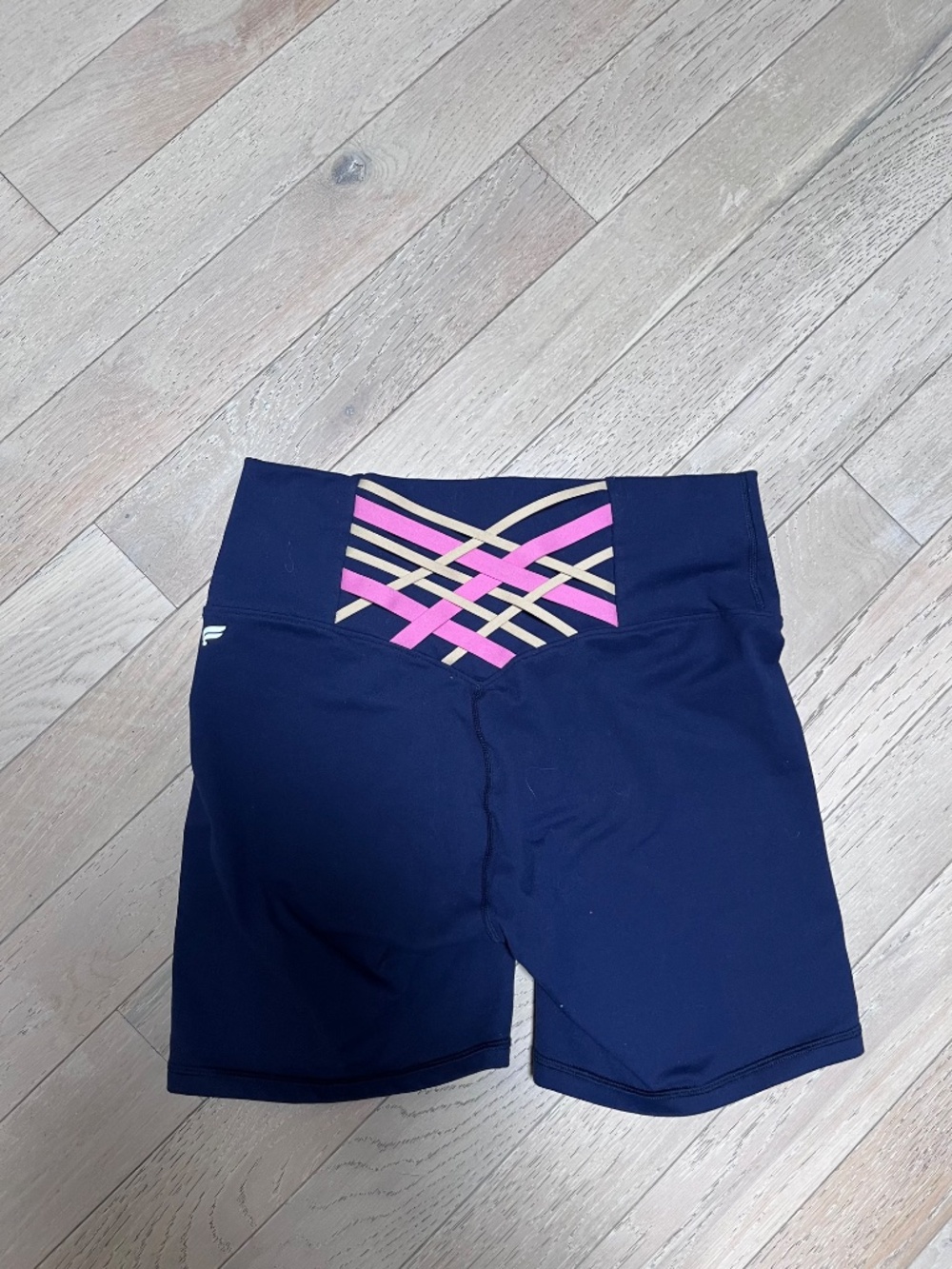 Fabletics Powerhold Athletic Shorts, Lattice Back, Navy Blue Size Med
